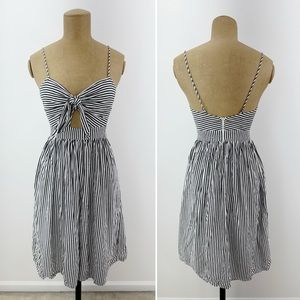 Zara Navy Blue White Striped Spaghetti Strap Empire Cut Out Tie Midi Dress XS